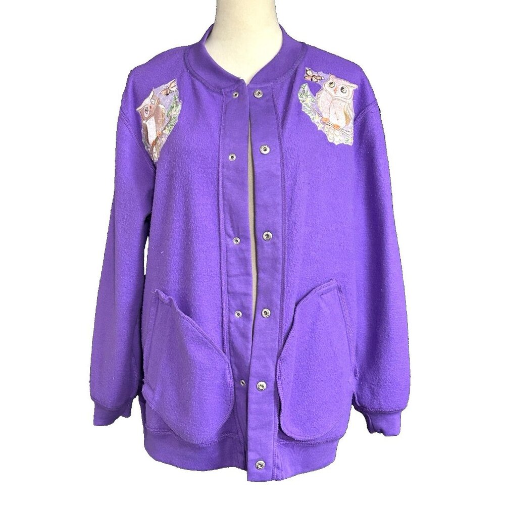 Vintage Tudor Court Women Large Fleece Jacket Embroidered Owls Purple Pockets - Picture 11 of 13